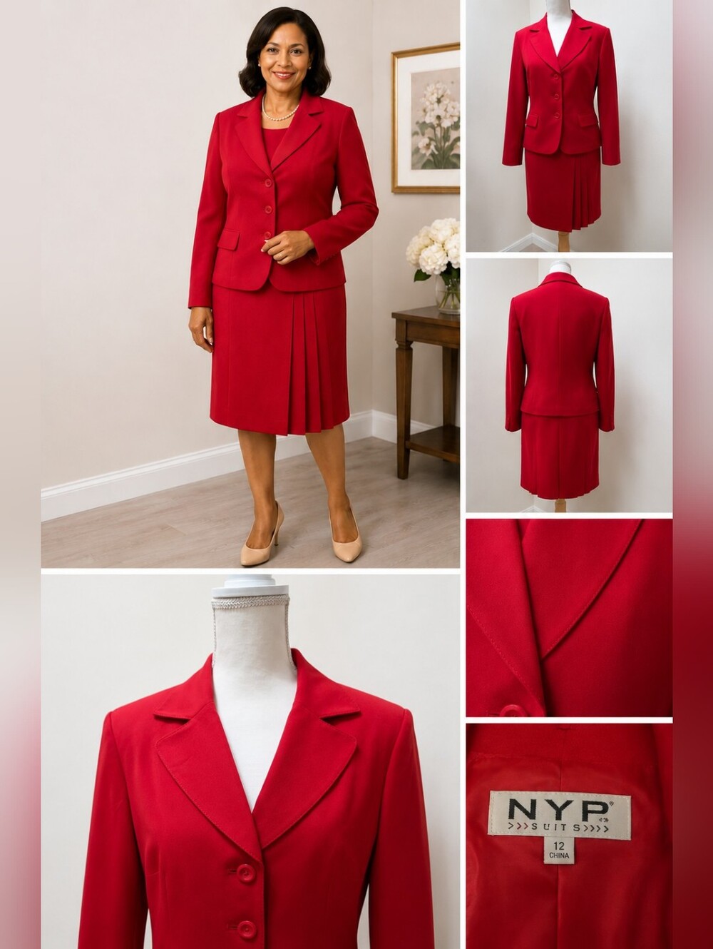 NYP Suits Red 2-Piece Skirt Suit Size 12 Pleated Skirt Career Church Formal